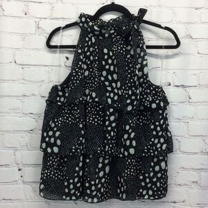 MTS Sleeveless Top Women's Size S White & Black Polka Dot Ruffle Tiered Tie Neck